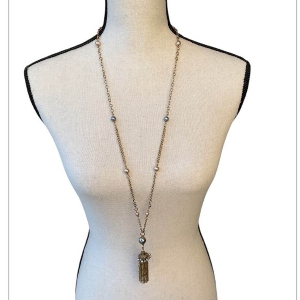 Gold tone Faux Pearl tassel Pendant Necklace
